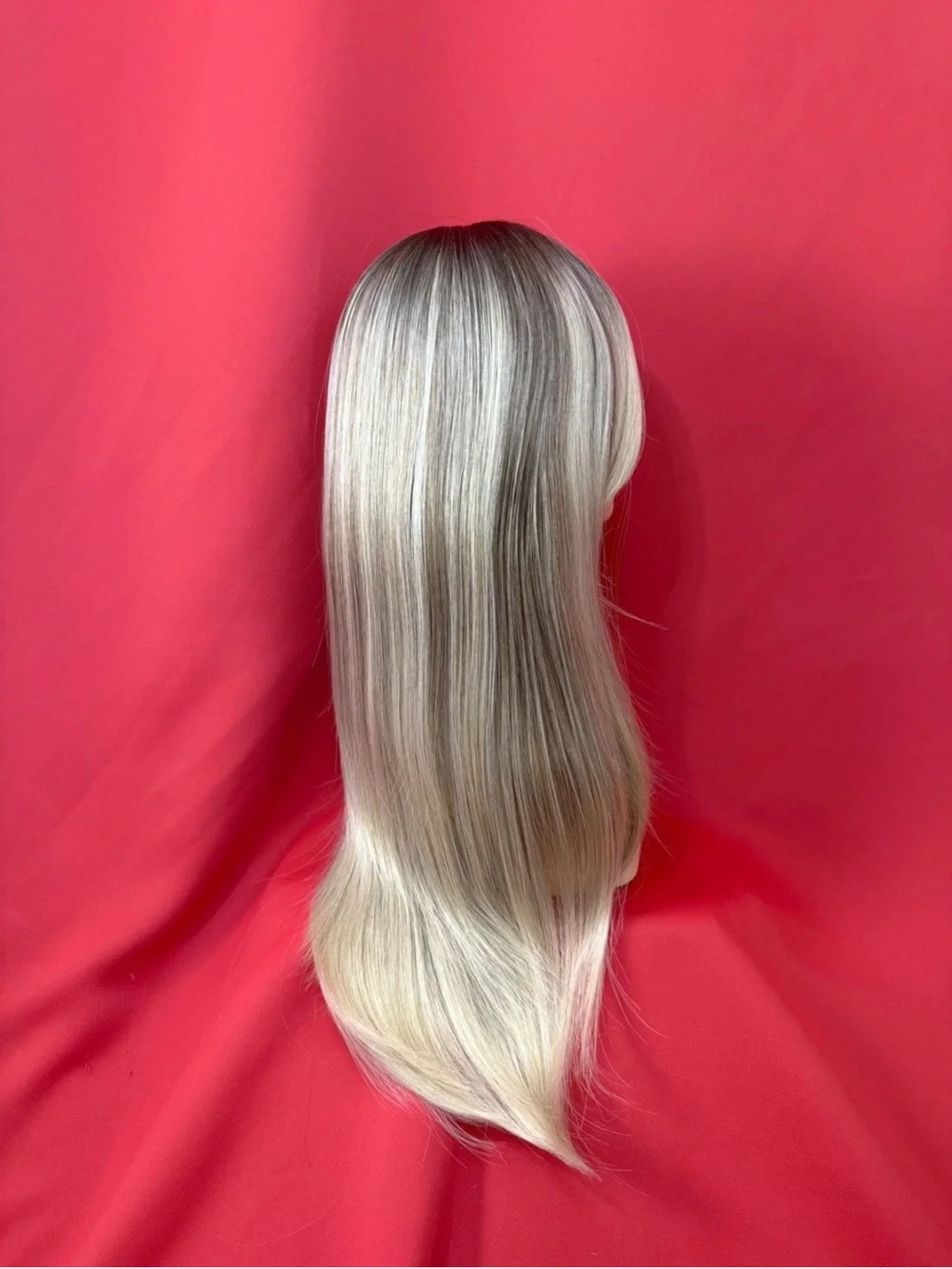24” Human Hair Blend Blonde Balayage Darker Roots Women Wig Bangs Heat Resistant
